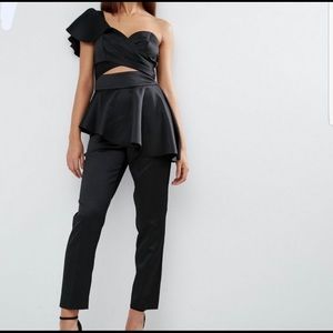 ASOS satin one shoulder ruffle jumpsuit